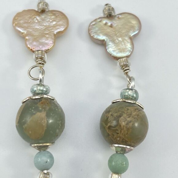 Earrings 925 Sterling Silver Plated Jasper Freshwater Clover Pearl Beaded Dangle - Picture 4 of 7